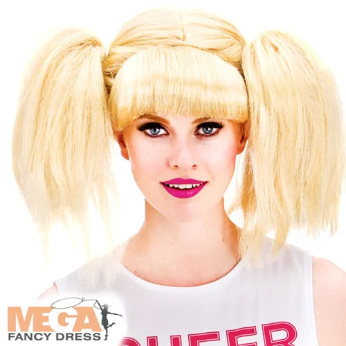 Ladies Blonde Cheerleader Wig Fancy Dress High School Sports Costume Accessory