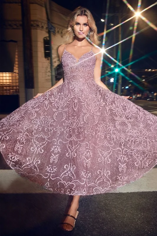 CINDERELLA DIVINE CD872 A-Line Printed Tea Length Cocktail Dress