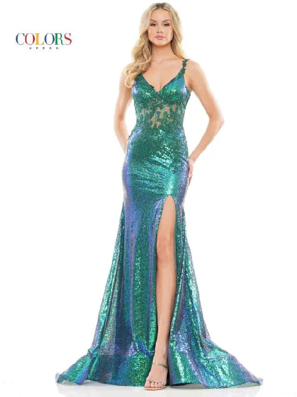Colors Dress 2848 Iridescent Sequin Lace Prom Dress Sheer Corset slit Pageant Gown
