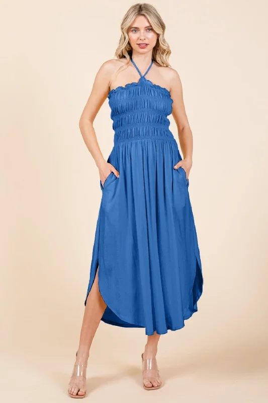 SENORTIA TIE BACK SHIRRING DRESS - BLUE