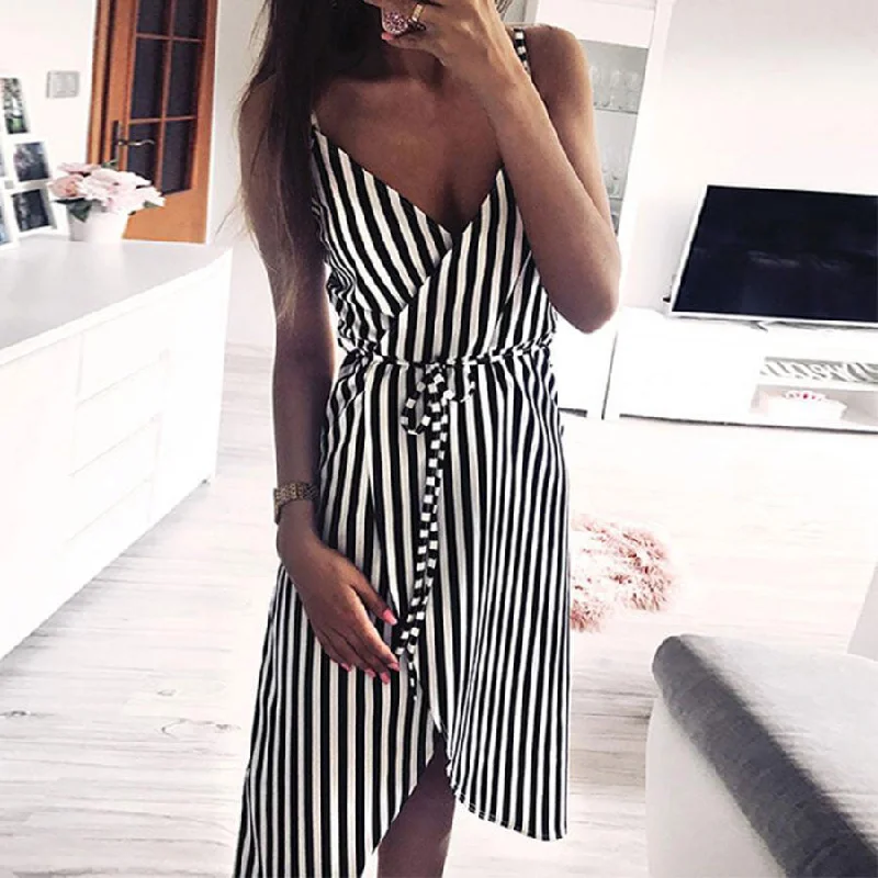 Deep V-neck Striped Summer Dress Women Sexy Spaghetti Strap Lace Up Dresses Summer Ladies Fashion Hem Irregular Dress Vestidos