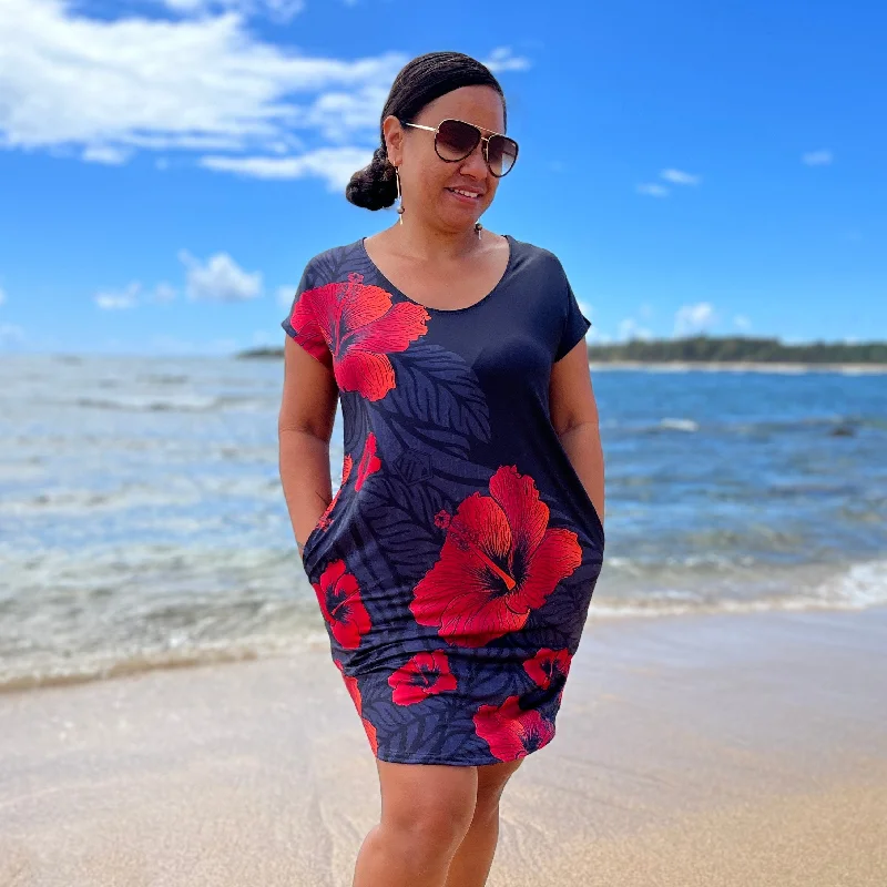 HIBISCUS CAPSLEEVE DRESS RED BLACK