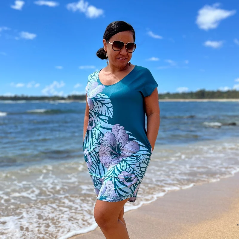 HIBISCUS CAPSLEEVE DRESS TEAL MINT