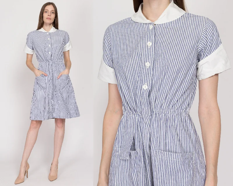 Medium 1940s Nurse Uniform Blue & White Striped Dress