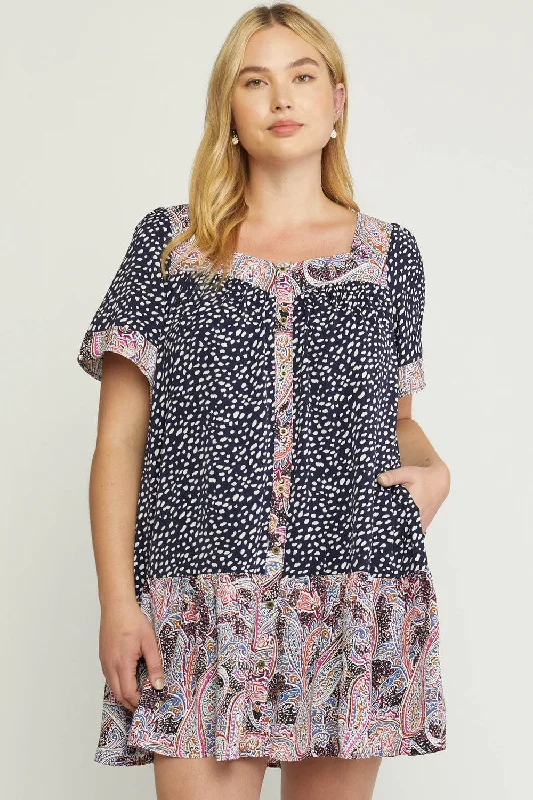 Mixed Print Square Neck Dress, Navy