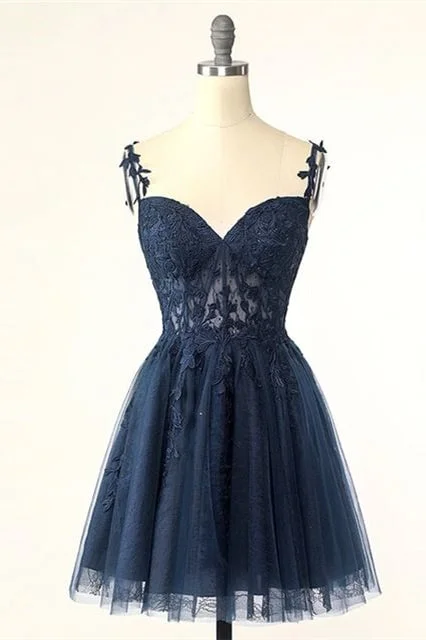 Navy Blue Appliques Sweetheart A-Line Short Homecoming Dress