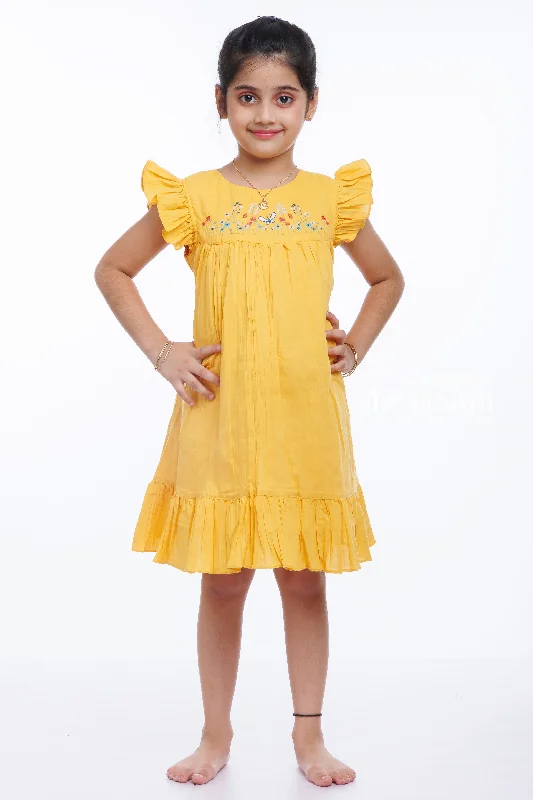 Girls Mustard Yellow Cotton Dress with Embroidery - A Summer Delight