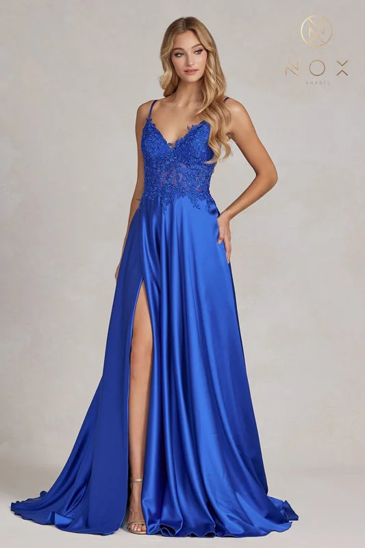 NOX ANABEL K1121 Embroidered A-line Slit Evening Gown