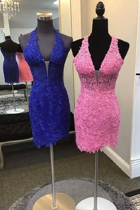 Pink Halter Applique Beaed Tight  Homecoming Dress