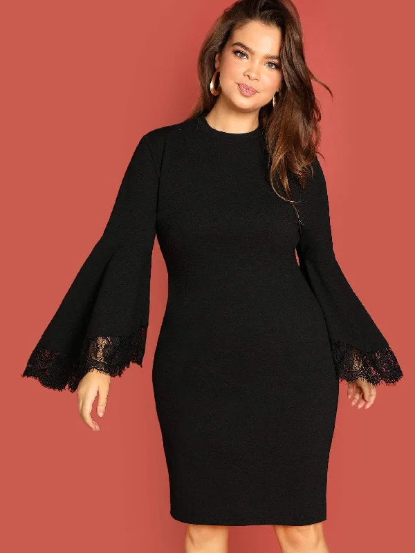 Plus Mock-Neck Lace Trim Dress