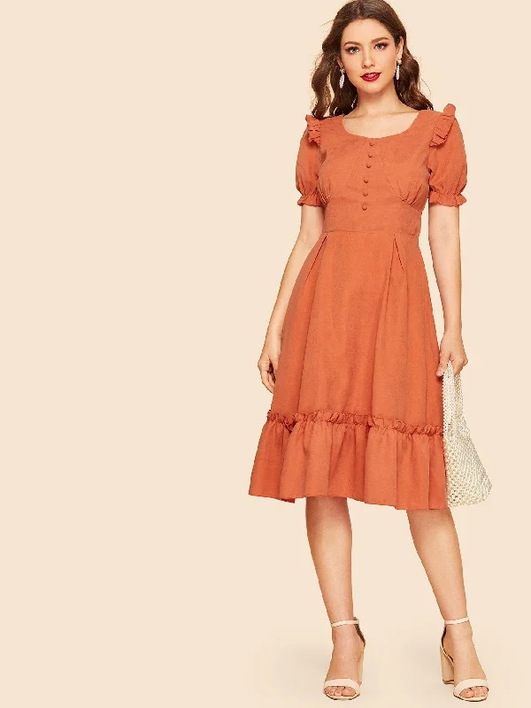 Puff Sleeve Covered Button Detail Frill Dress