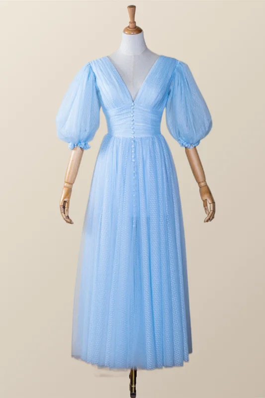 Puffy Sleeves Blue Empire Tea Length Dress