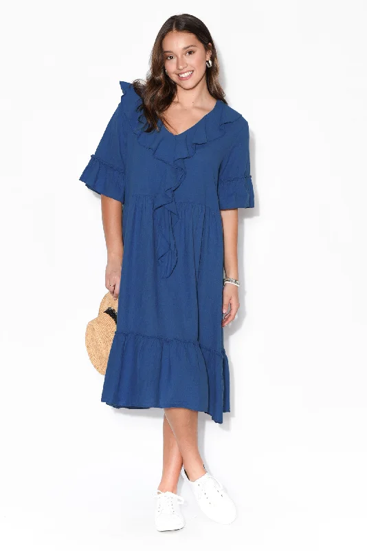 Ronnie Blue Linen Ruffle Dress