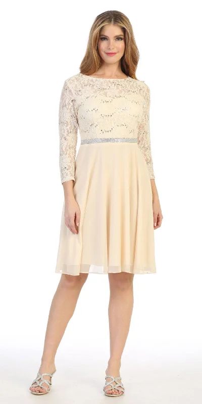 Celavie 6305-S Quarter Sleeves Lace Top A-Line Knee Length Dress