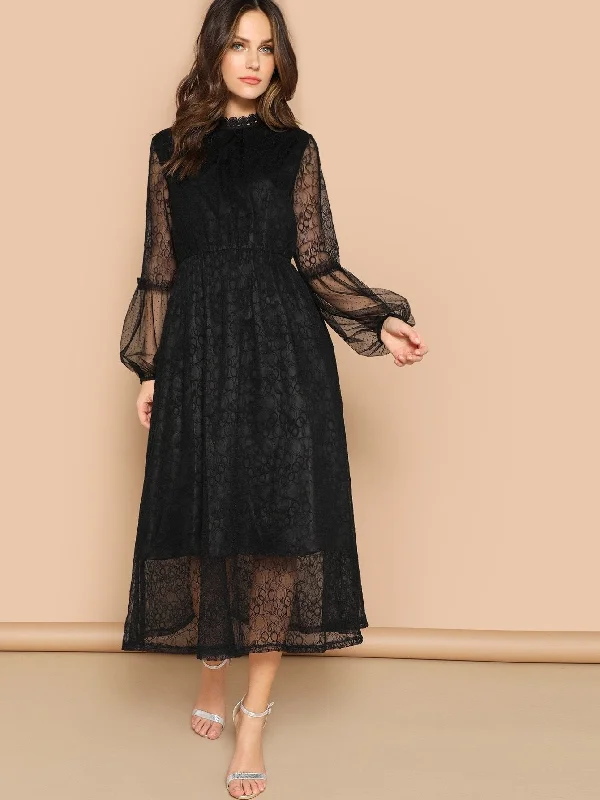 Scallop Mock Neck Sheer Balloon Sleeve Lace Dress