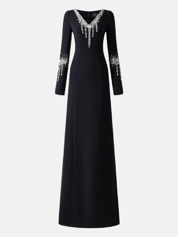V-Neck Back Slit Dress With Stone Embellishments