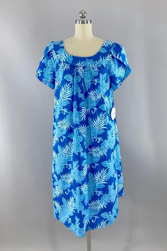 Vintage Blue Hawaiian Print Dress