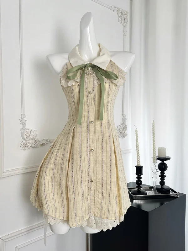 Vintage-Inspired Satin Bow Cream Stripe Dress