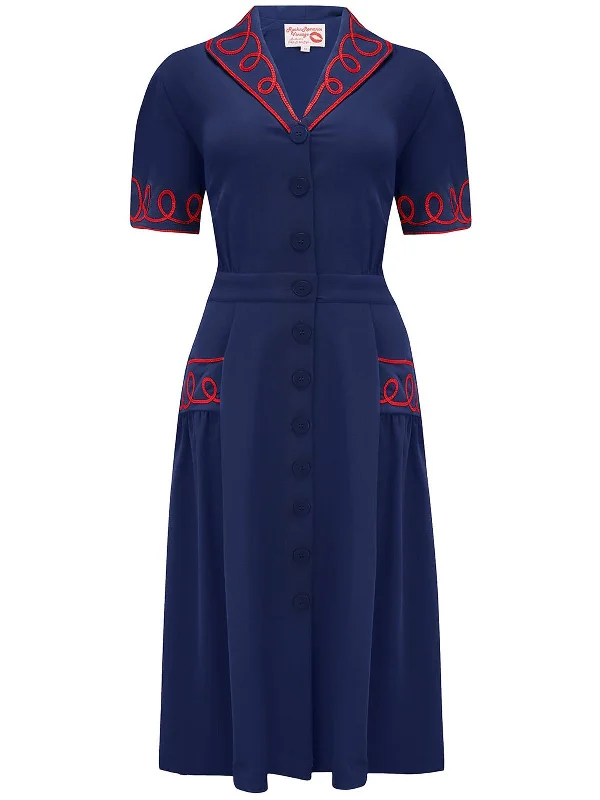 Vintage Style Navy & Red Soutache Loop Decor Dress