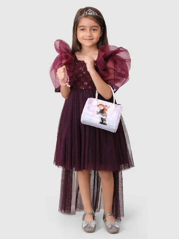 Wine Organza Puff Sleeve Dress
