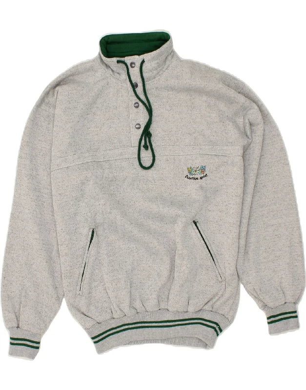 ACTIVE Mens Button Neck Sweatshirt Jumper Large Grey Polyester Hoodie with Hem Applique Textured Unique