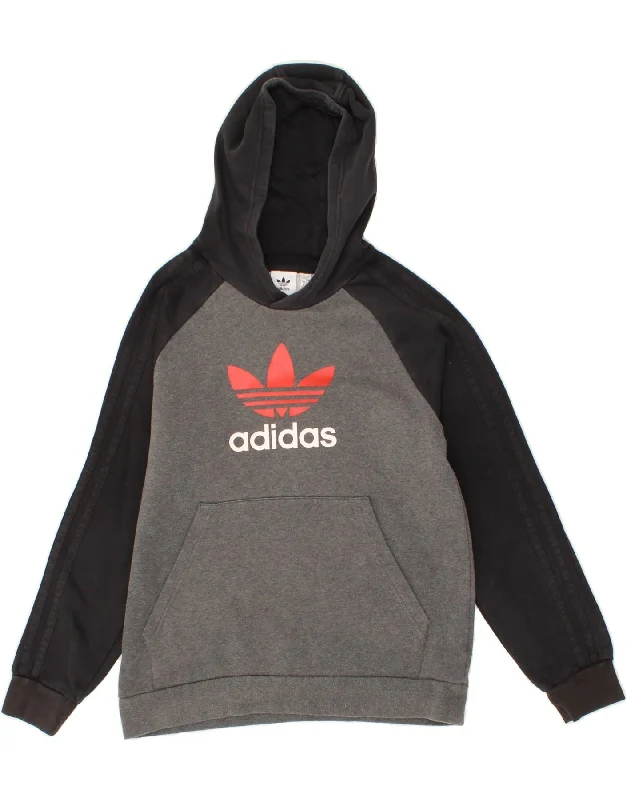 ADIDAS Boys Graphic Hoodie Jumper 13-14 Years Grey Colourblock Cotton Hoodie with Frayed Bohemian Relaxed