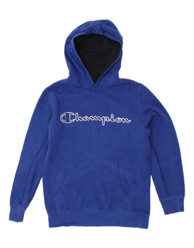 CHAMPION Boys Graphic Hoodie Jumper 11-12 Years Large Blue Cotton Hoodie with Zipper Placket Modern Functional CHAMPION Boys Graphic Hoodie Jumper 11-12 Years Large Blue Cotton Hoodie with Zipper Placket Modern Functional