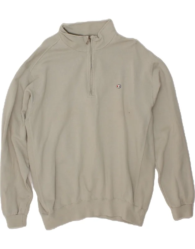 CHAMPION Mens Zip Neck Sweatshirt Jumper Large Grey Cotton Hoodie with Hem Embroidery Detailed Premium CHAMPION Mens Zip Neck Sweatshirt Jumper Large Grey Cotton Hoodie with Hem Embroidery Detailed Premium