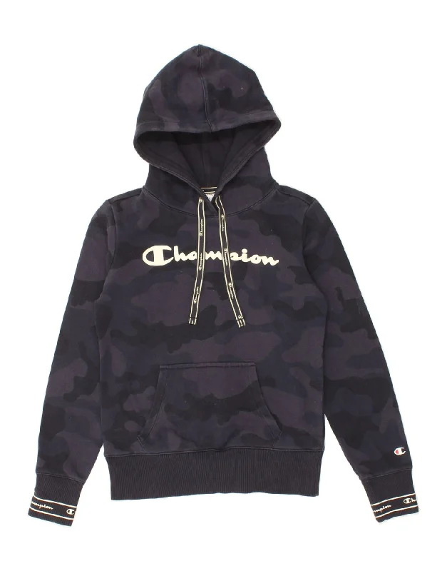 CHAMPION Womens Graphic Hoodie Jumper UK 6 XS Navy Blue Camouflage Cotton Hoodie with Strings Custom Fit Adjustable CHAMPION Womens Graphic Hoodie Jumper UK 6 XS Navy Blue Camouflage Cotton Hoodie with Strings Custom Fit Adjustable