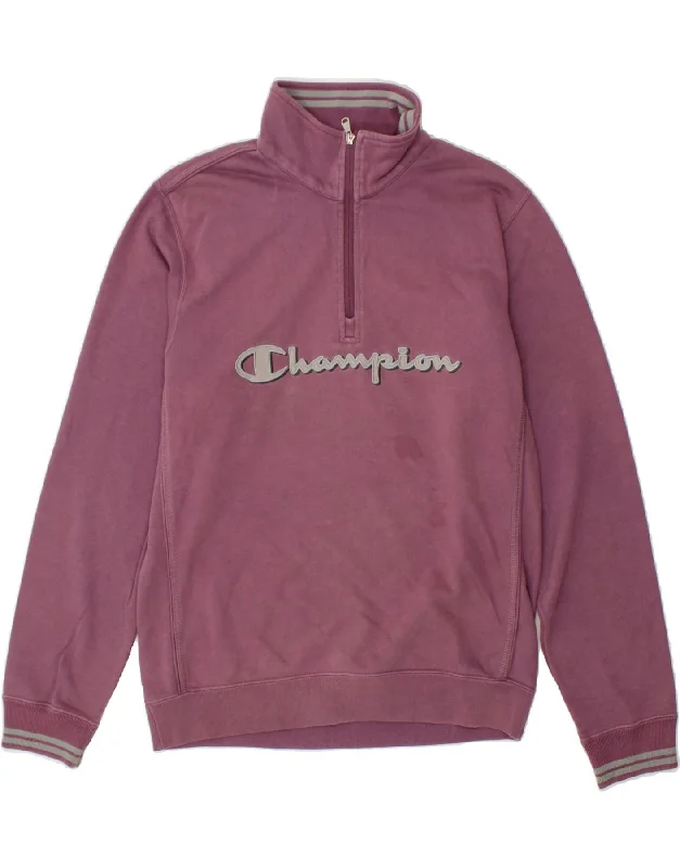 CHAMPION Womens Graphic Zip Neck Sweatshirt Jumper UK 14 Medium Purple Hoodie with Slit Hem Functional Movement