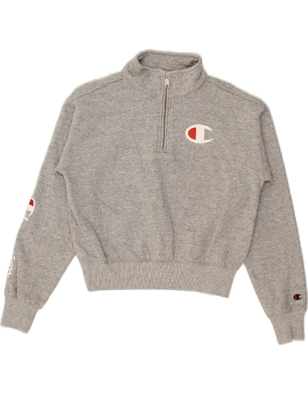 CHAMPION Womens Oversized Crop Zip Neck Sweatshirt Jumper UK 10 Small Grey Cotton Hoodie Fleece Lining Warmth CHAMPION Womens Oversized Crop Zip Neck Sweatshirt Jumper UK 10 Small Grey Cotton Hoodie Fleece Lining Warmth