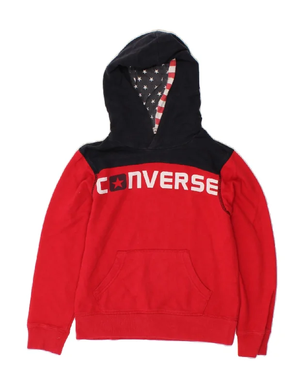 CONVERSE Boys Graphic Hoodie Jumper 7-8 Years Red Colourblock Cotton Hoodie with Zipper Placket Modern Functional CONVERSE Boys Graphic Hoodie Jumper 7-8 Years Red Colourblock Cotton Hoodie with Zipper Placket Modern Functional