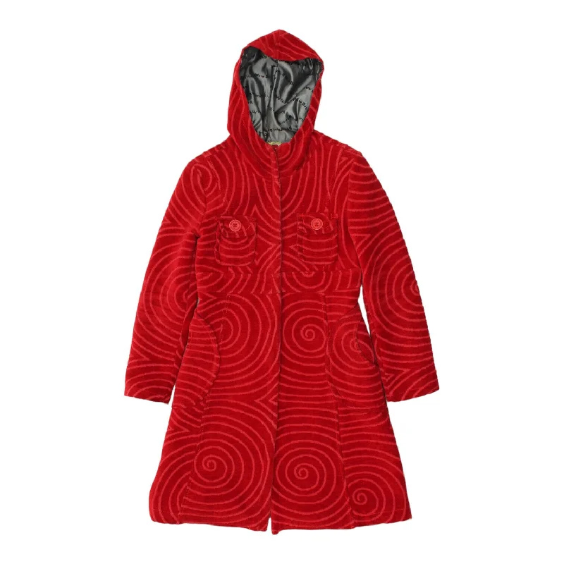 Desigual Womens Long Red Corduroy Hoodie Coat | Vintage High End Designer VTG Hoodie with Hem Contrast Bold Stylish Desigual Womens Long Red Corduroy Hoodie Coat | Vintage High End Designer VTG Hoodie with Hem Contrast Bold Stylish
