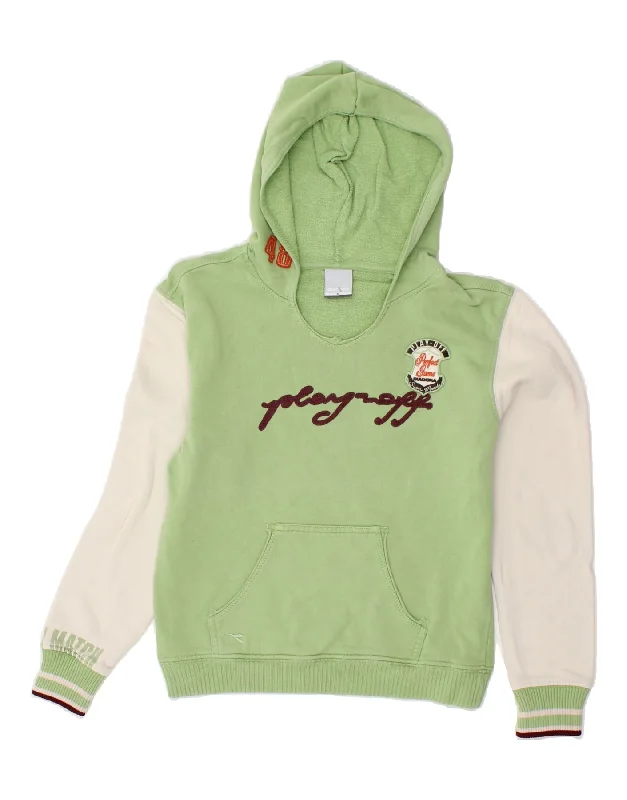DIADORA Girls Graphic Hoodie Jumper 11-12 Years XL Green Colourblock Hoodie with Raglan Sleeves Sporty Comfortable
