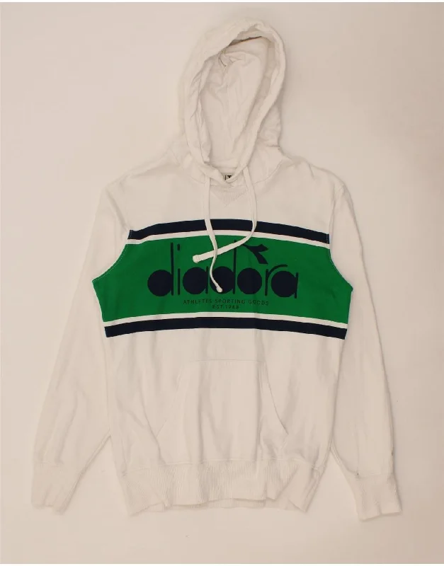 DIADORA Mens Graphic Hoodie Jumper Small White Colourblock Cotton Hoodie with Hem Frayed Vintage Worn DIADORA Mens Graphic Hoodie Jumper Small White Colourblock Cotton Hoodie with Hem Frayed Vintage Worn