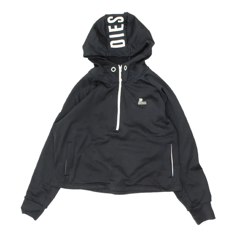 Diesel Womens Black Half Zip Polyester Hoodie | Designer Sports Activewear VTG Hoodie with Slit Hem Functional Movement Diesel Womens Black Half Zip Polyester Hoodie | Designer Sports Activewear VTG Hoodie with Slit Hem Functional Movement