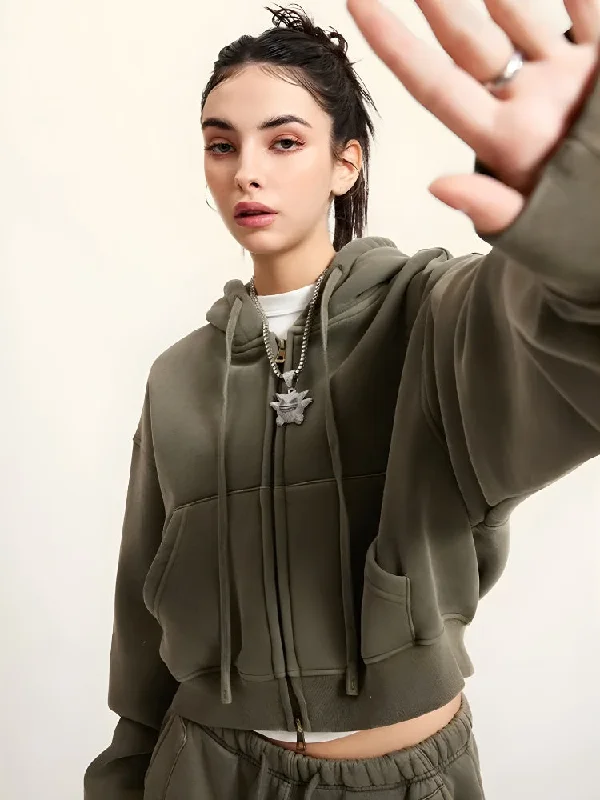 Double Zip-Up Cropped Hoodie Hoodie with Pastel Soft Subtle