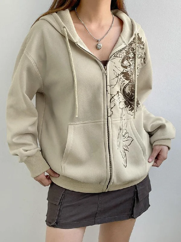 Fairy Grunge Floral Zip-Up Hoodie Hoodie with Elastic Cuffs Stretchable Comfortable