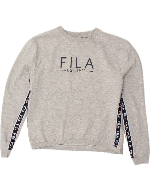 FILA Womens Graphic Sweatshirt Jumper UK 14 Large Grey Colourblock Cotton Hoodie with Rhinestones Sparkly Elegant FILA Womens Graphic Sweatshirt Jumper UK 14 Large Grey Colourblock Cotton Hoodie with Rhinestones Sparkly Elegant