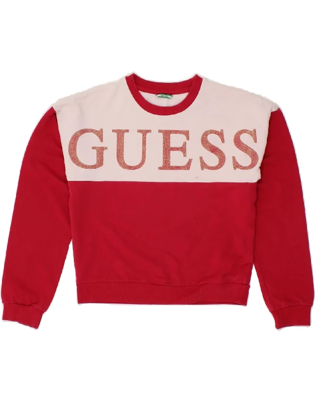 GUESS Girls Crop Sweatshirt Jumper 11-12 Years Red Colourblock Cotton Zip Hoodie Drawstring Kangaroo Pocket GUESS Girls Crop Sweatshirt Jumper 11-12 Years Red Colourblock Cotton Zip Hoodie Drawstring Kangaroo Pocket