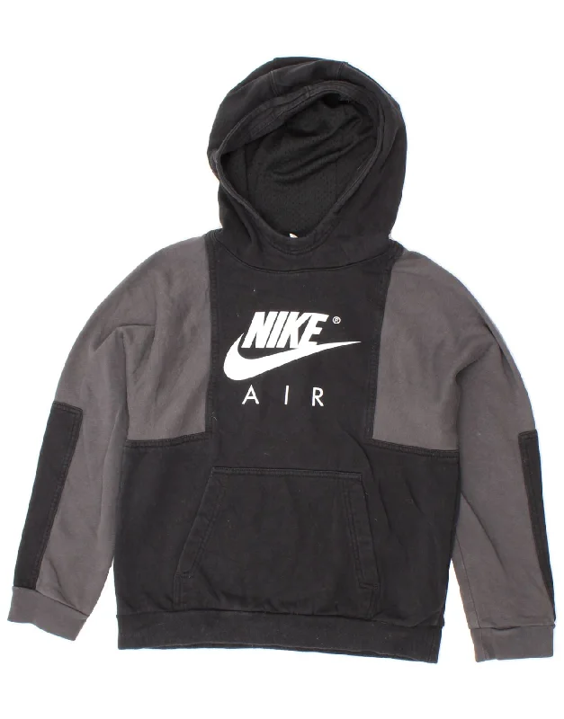 NIKE Boys Graphic Hoodie Jumper 12-13 Years Large Black Colourblock Cotton Hoodie with Full-Zip Functional Layering