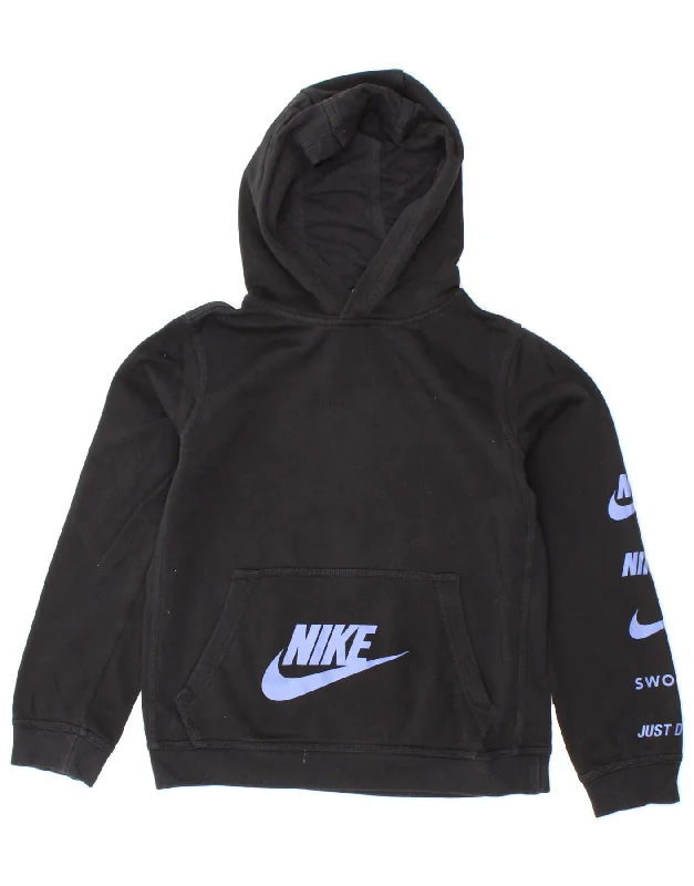 NIKE Boys Swoosh Graphic Hoodie Jumper 12-13 Years Large Black Cotton Hoodie with Mesh Breathable Sporty