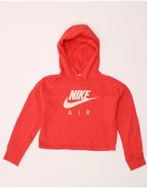 NIKE Girls Graphic Crop Hoodie Jumper 12-13 Years Large Red Cotton Hoodie with Patch Decorative Personalized