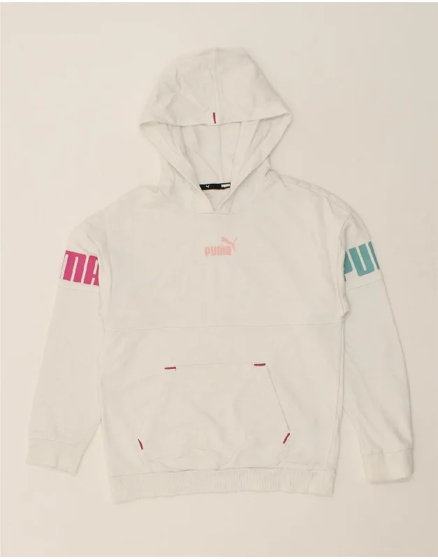 PUMA Girls Graphic Hoodie Jumper 8-9 Years Small White Cotton Graphic Hoodie Design Print PUMA Girls Graphic Hoodie Jumper 8-9 Years Small White Cotton Graphic Hoodie Design Print