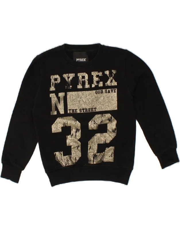 PYREX Girls Graphic Sweatshirt Jumper 9-10 Years Small Black Cotton Hoodie with Hem Frayed Vintage Worn PYREX Girls Graphic Sweatshirt Jumper 9-10 Years Small Black Cotton Hoodie with Hem Frayed Vintage Worn