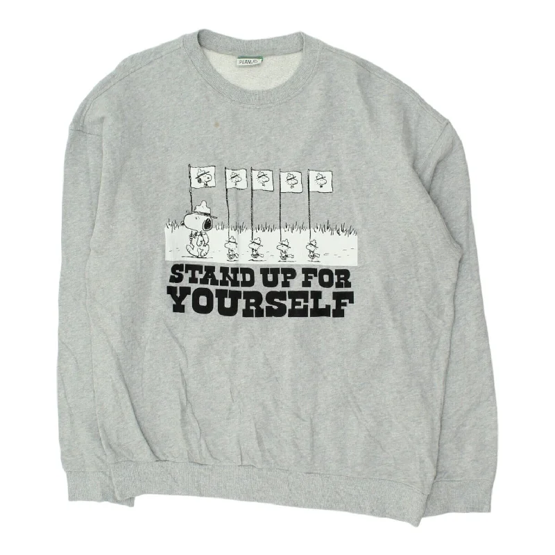 United Colors Of Benetton Mens Grey Peanuts Sweatshirt | Stand up For Yourself Hoodie with Back Slit Movement Comfort United Colors Of Benetton Mens Grey Peanuts Sweatshirt | Stand up For Yourself Hoodie with Back Slit Movement Comfort