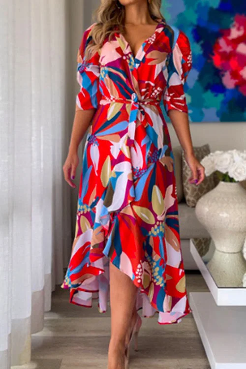 Cross V Neck Tie Waist Printed Maxi Ruffle Dress Maxi Flowy Bohemian