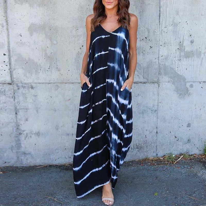 Women Summer Sexy V Neck Sleeveless Striped Maxi Long Dress Pockets Spaghetti Straps Backless Loose Beach Vestido Tunics Trendy modern Women Summer Sexy V Neck Sleeveless Striped Maxi Long Dress Pockets Spaghetti Straps Backless Loose Beach Vestido Tunics Trendy modern