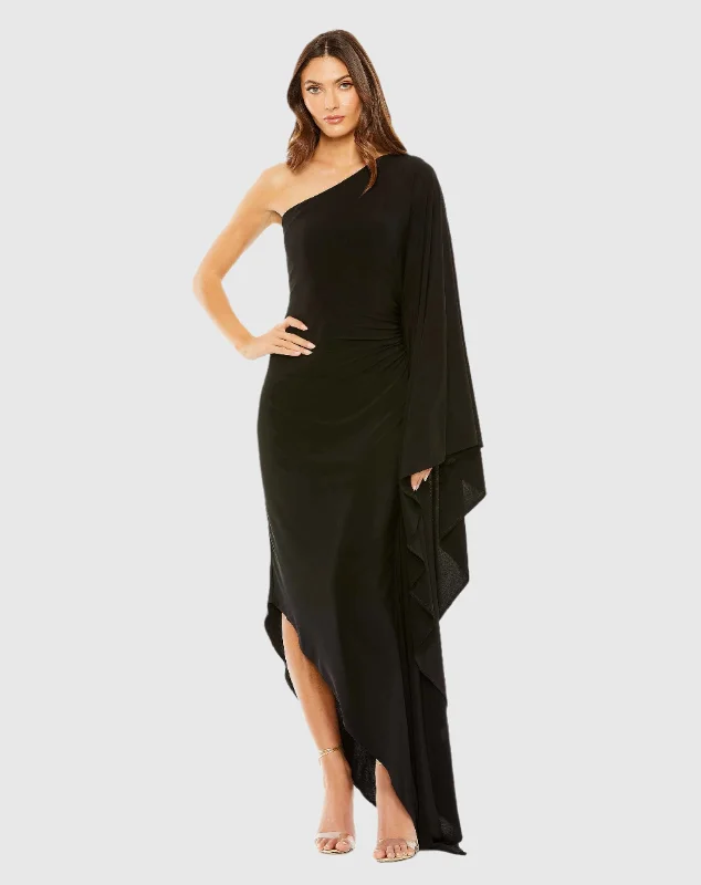 One Shoulder Cape Sleeve Ruched Detail Jersey Gown Tunics Brand named