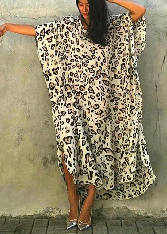 Art Leopard tie waist Cotton Dress  Summer Beach Gown Tunics Office stylish